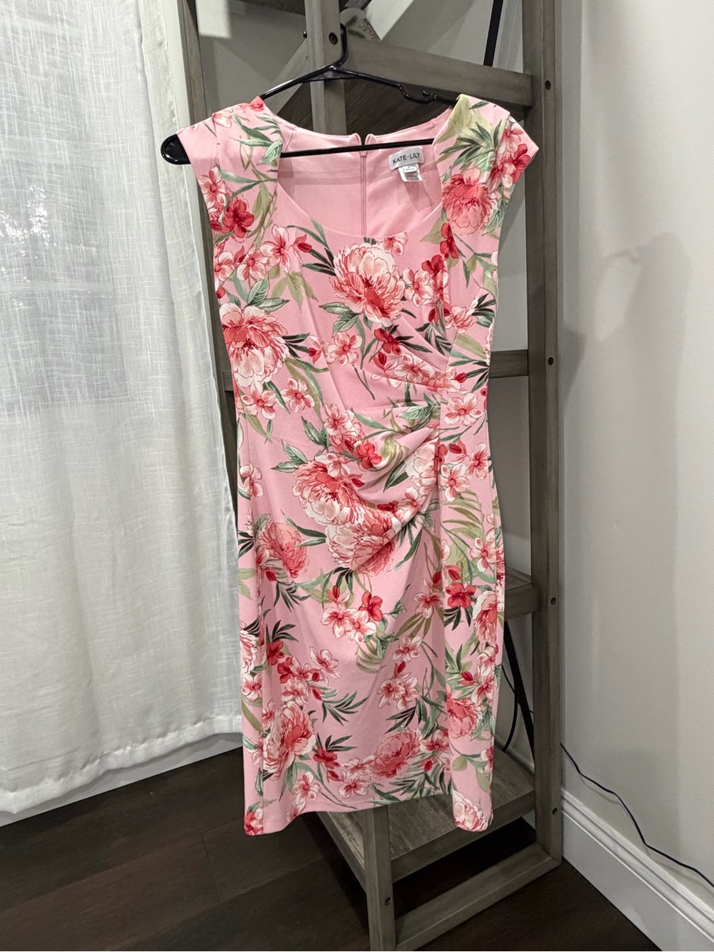 Pink Floral Ruched Sheath Dress with Green Leaf Print/ Cocktail Dress